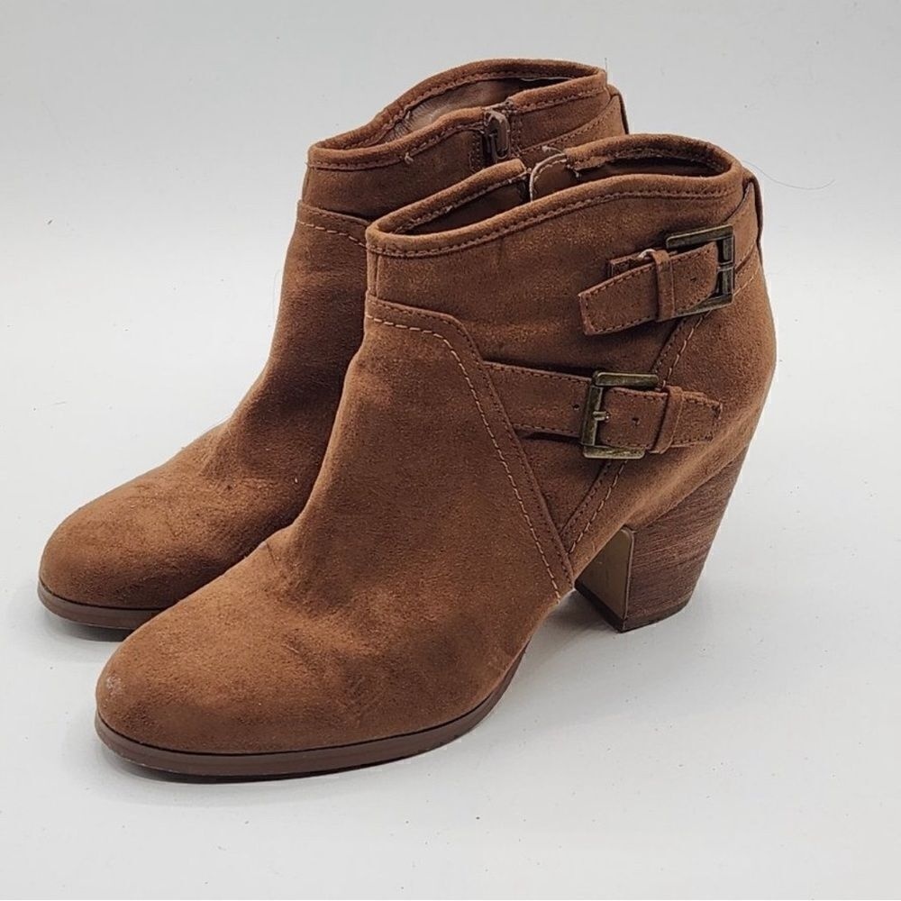 Karissa Bootie by Crown Vintage - Double Buckle, Zip‎ Side Brown Suede Size 7.5